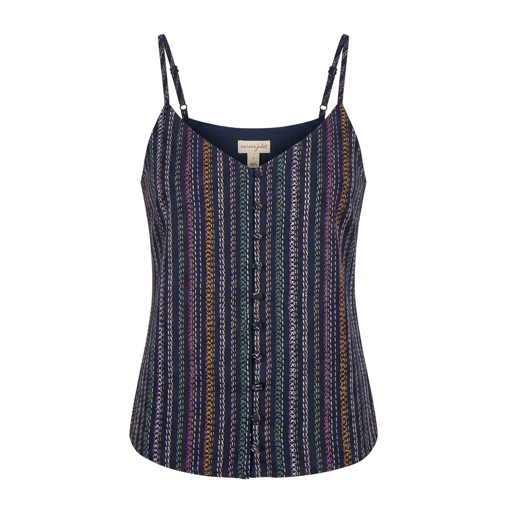 Maison Jules Womens Navy Multi-Color Embroidered Stripe Button Front Cami Top S